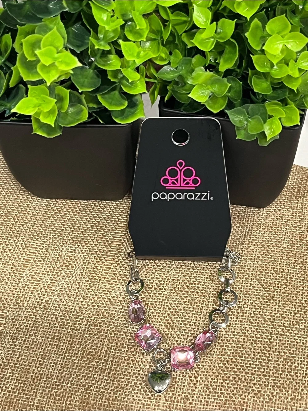 paparazzi Pink Crystal Heart Charm Bracelet with Silver-Tone Links